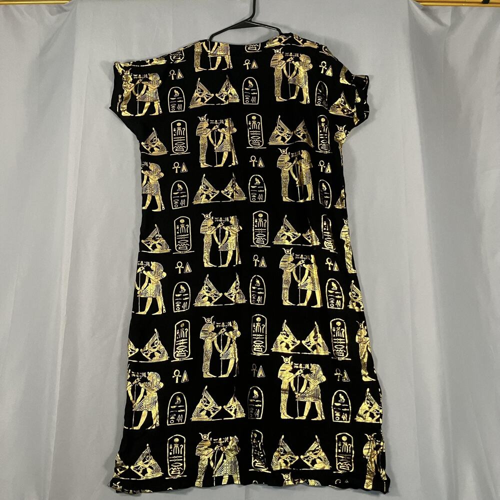 Egyptian Print Dress Womens Large Black Gold V-Neck‎ Short Sleeve Ruffle Midi - Picture 10 of 11